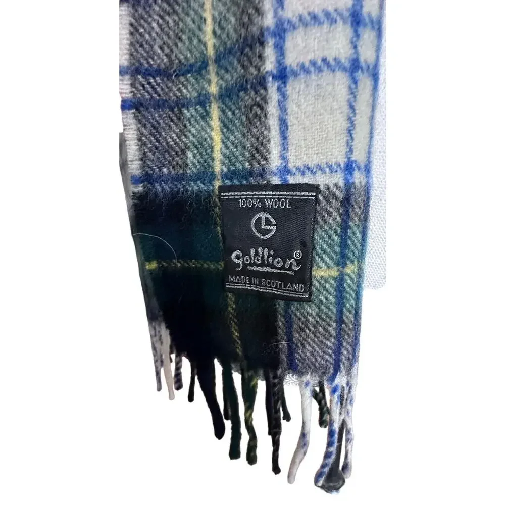 GoldLion 100% Wool Scarf Made In‎ Scotland Green White Plaid Fringe 56